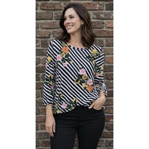 Investments Essentials Petites ‎ Size L  3/4 Sleeve Blouse Top lemons stripes